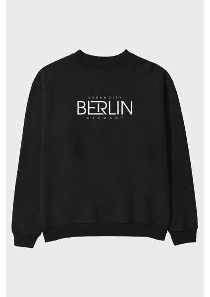 Berlin Ön Baskılı Siyah Oversize Sweatshirt Erkek Kadın Bisiklet Yaka