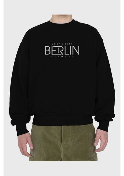 Berlin Ön Baskılı Siyah Oversize Sweatshirt Erkek Kadın Bisiklet Yaka fiyatları