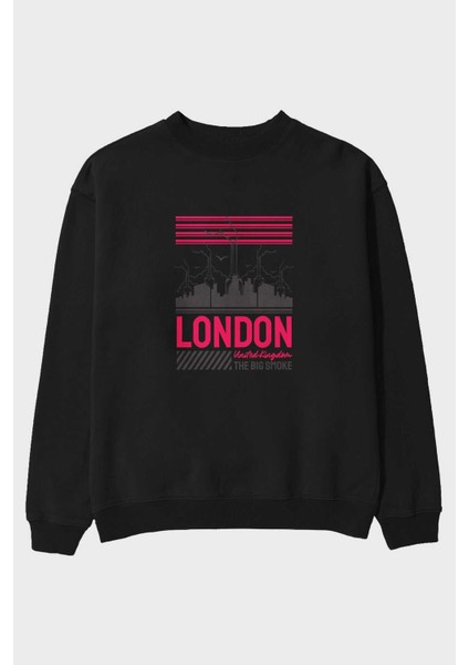 London Ön Baskılı Siyah Oversize Sweatshirt Erkek Kadın Bisiklet Yaka