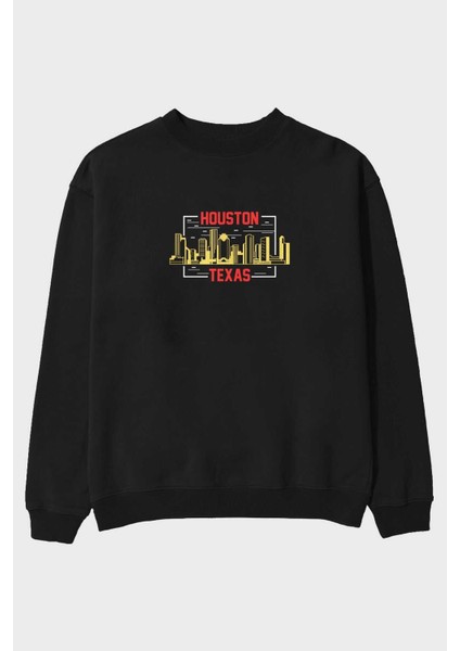 Houston Ön Baskılı Siyah Oversize Sweatshirt Erkek Kadın Bisiklet Yaka
