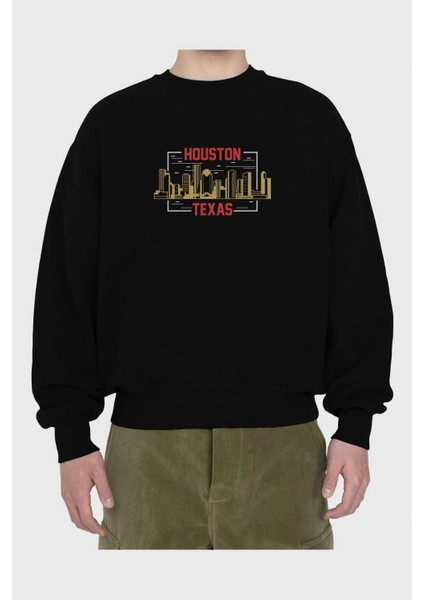 Houston Ön Baskılı Siyah Oversize Sweatshirt Erkek Kadın Bisiklet Yaka fiyatları