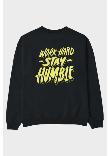Word Hard Yazılı Arka Baskılı Siyah Oversize Sweatshirt Erkek Kadın Bisiklet Yaka