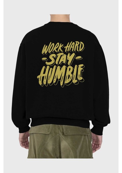 Word Hard Yazılı Arka Baskılı Siyah Oversize Sweatshirt Erkek Kadın Bisiklet Yaka fiyatları