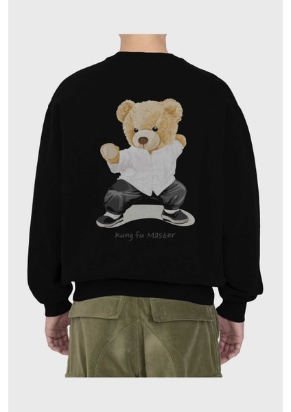 Teddy Bear Kung Fu Arka Baskılı Siyah Oversize Sweatshirt Erkek Kadın Bisiklet Yaka fiyatları