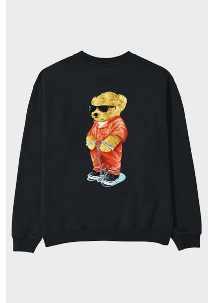 Teddy Bear Kodes Arka Baskılı Siyah Oversize Sweatshirt Erkek Kadın Bisiklet Yaka