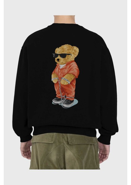 Teddy Bear Kodes Arka Baskılı Siyah Oversize Sweatshirt Erkek Kadın Bisiklet Yaka fiyatları