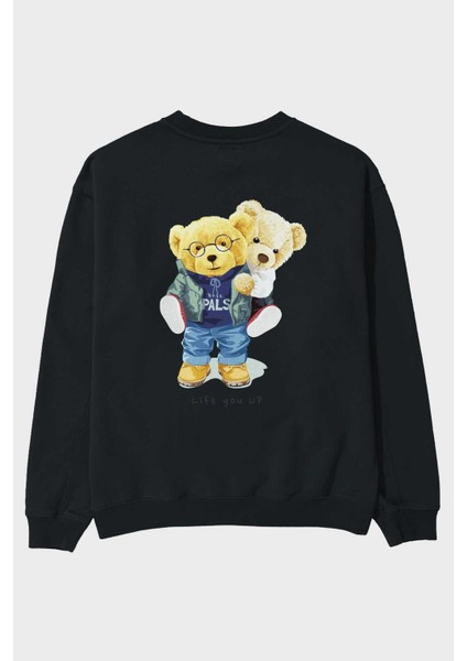 Teddy Bear Lift You Up Arka Baskılı Siyah Oversize Sweatshirt Erkek Kadın Bisiklet Yaka