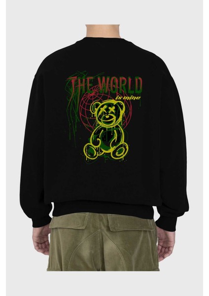 The World Is Mine Bear Arka Baskılı Siyah Oversize Sweatshirt Erkek Kadın Bisiklet Yaka fiyatları
