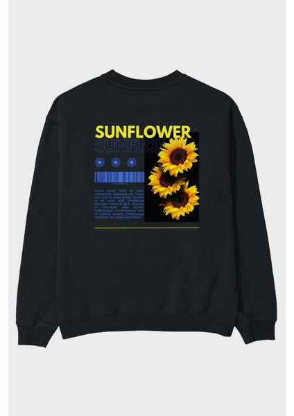 Sunflower Arka Baskılı Siyah Oversize Sweatshirt Erkek Kadın Bisiklet Yaka