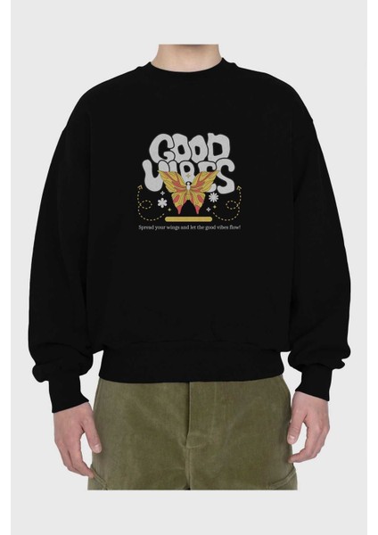 Good Vibes Yazılı 4 Ön Baskılı Siyah Oversize Sweatshirt Erkek Kadın Bisiklet Yaka