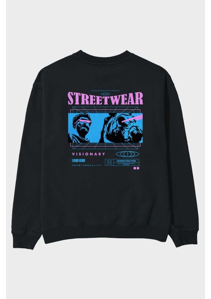 Streetwear Visionary Arka Baskılı Siyah Oversize Sweatshirt Erkek Kadın Bisiklet Yaka