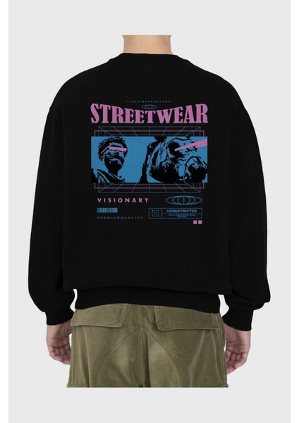 Streetwear Visionary Arka Baskılı Siyah Oversize Sweatshirt Erkek Kadın Bisiklet Yaka fiyatları