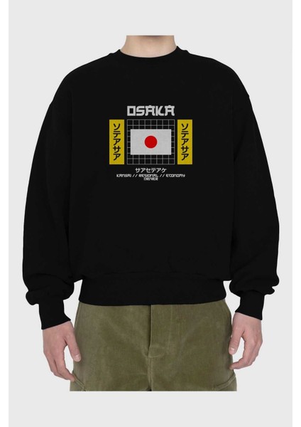 Osaka Kansai Regional Ön Baskılı Siyah Oversize Sweatshirt Erkek Kadın Bisiklet Yaka fiyatları
