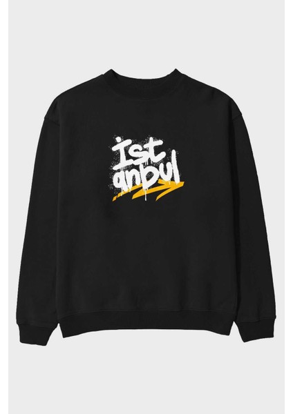 Istanbul Yazılı Ön Baskılı Siyah Oversize Sweatshirt Erkek Kadın Bisiklet Yaka