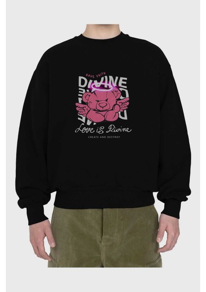Love Is Divine Bear Ön Baskılı Siyah Oversize Sweatshirt Erkek Kadın Bisiklet Yaka fiyatları
