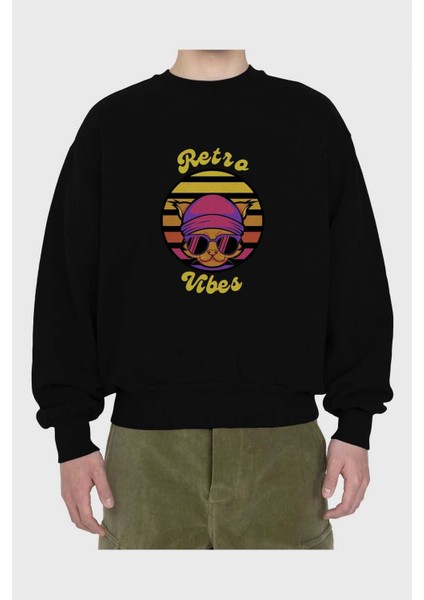 Cat Retro Vibes Ön Baskılı Siyah Oversize Sweatshirt Erkek Kadın Bisiklet Yaka