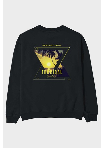 Summer Vibes Yazılı Arka Baskılı Siyah Oversize Sweatshirt Erkek Kadın Bisiklet Yaka