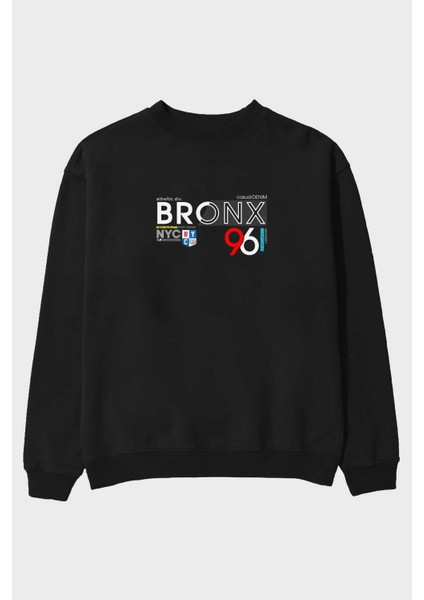 Bronx 96 Ön Baskılı Siyah Oversize Sweatshirt Erkek Kadın Bisiklet Yaka