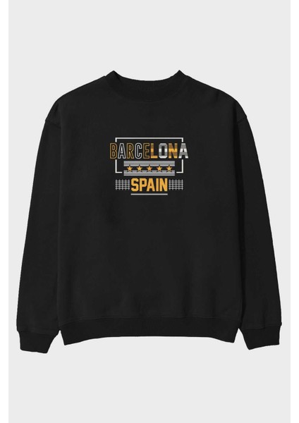 Barcelona Ön Baskılı Siyah Oversize Sweatshirt Erkek Kadın Bisiklet Yaka