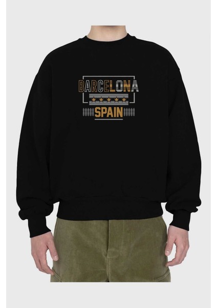 Barcelona Ön Baskılı Siyah Oversize Sweatshirt Erkek Kadın Bisiklet Yaka fiyatları