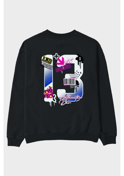 Urban Street 13 Arka Baskılı Siyah Oversize Sweatshirt Erkek Kadın Bisiklet Yaka