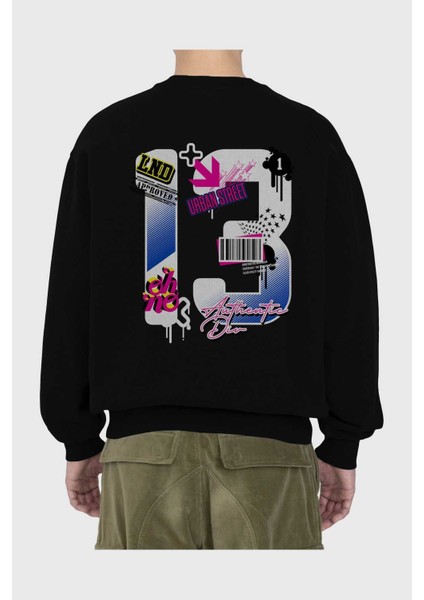 Urban Street 13 Arka Baskılı Siyah Oversize Sweatshirt Erkek Kadın Bisiklet Yaka fiyatları