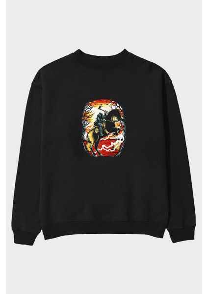 Headless Horseman Ön Baskılı Siyah Oversize Sweatshirt Erkek Kadın Bisiklet Yaka