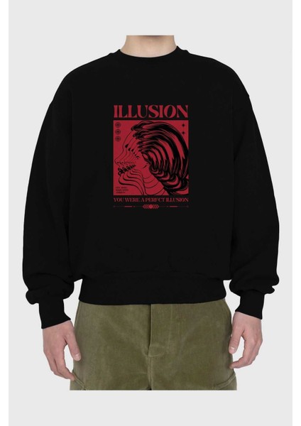 Illusion Streetwear Ön Baskılı Siyah Oversize Sweatshirt Erkek Kadın Bisiklet Yaka fiyatları