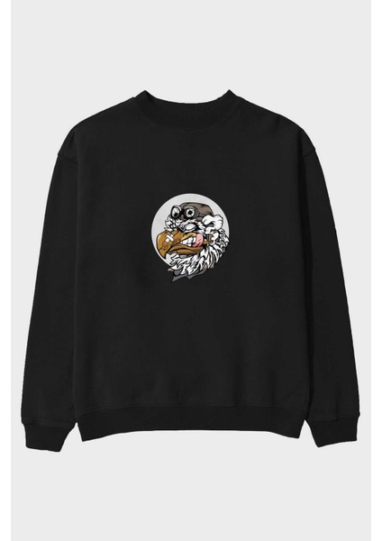 Bird Pilot Ön Baskılı Siyah Oversize Sweatshirt Erkek Kadın Bisiklet Yaka