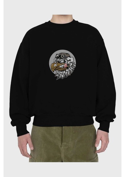 Bird Pilot Ön Baskılı Siyah Oversize Sweatshirt Erkek Kadın Bisiklet Yaka fiyatları
