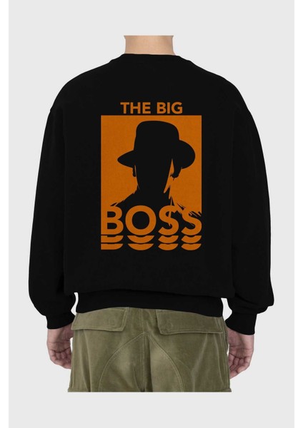 The Big Boss Arka Baskılı Siyah Oversize Sweatshirt Erkek Kadın Bisiklet Yaka