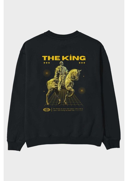 The King Yazılı Arka Baskılı Siyah Oversize Sweatshirt Erkek Kadın Bisiklet Yaka