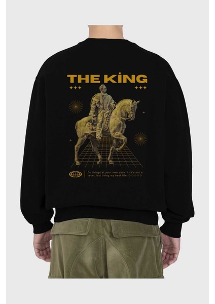 The King Yazılı Arka Baskılı Siyah Oversize Sweatshirt Erkek Kadın Bisiklet Yaka fiyatları