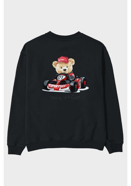 Teddy Bear Ready Set Go Arka Baskılı Siyah Oversize Sweatshirt Erkek Kadın Bisiklet Yaka