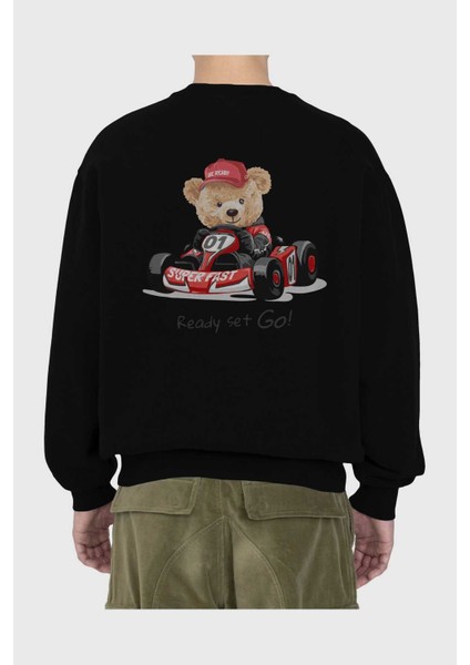 Teddy Bear Ready Set Go Arka Baskılı Siyah Oversize Sweatshirt Erkek Kadın Bisiklet Yaka fiyatları