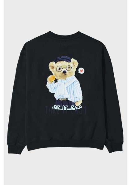 Teddy Bear Take It Easy Arka Baskılı Siyah Oversize Sweatshirt Erkek Kadın Bisiklet Yaka