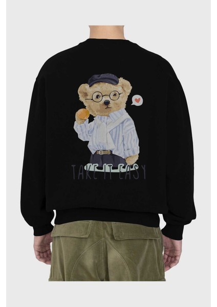 Teddy Bear Take It Easy Arka Baskılı Siyah Oversize Sweatshirt Erkek Kadın Bisiklet Yaka fiyatları
