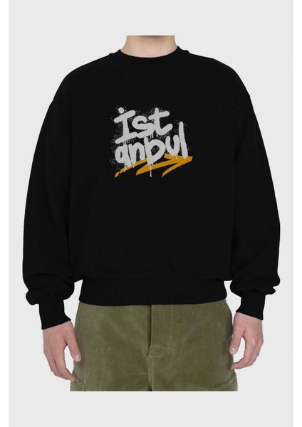 Istanbul Yazılı Ön Baskılı Siyah Oversize Sweatshirt Erkek Kadın Bisiklet Yaka fiyatları
