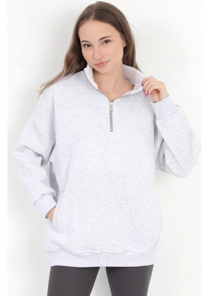 Kadın Karmelanj Dik Yaka Yarım Fermuarlı Cep Detaylı Oversize Sweatshirt - 2542 fiyatları