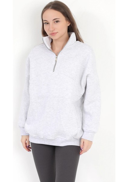 Kadın Karmelanj Dik Yaka Yarım Fermuarlı Cep Detaylı Oversize Sweatshirt - 2542 modelleri