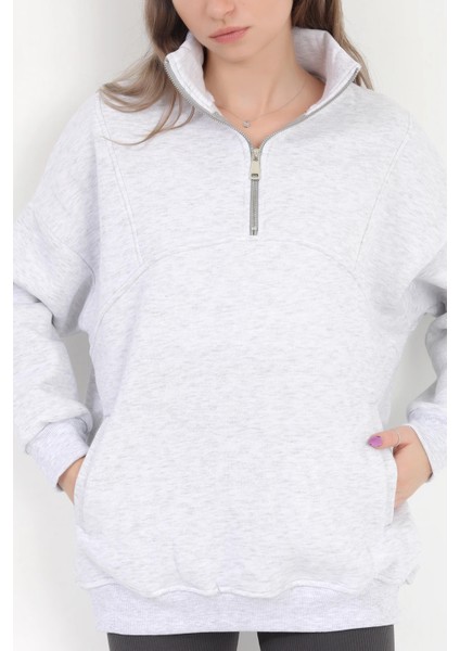 Kadın Karmelanj Dik Yaka Yarım Fermuarlı Cep Detaylı Oversize Sweatshirt - 2542 indirimleri