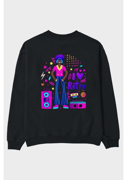 Retro Boy Party Arka Baskılı Siyah Oversize Sweatshirt Erkek Kadın Bisiklet Yaka