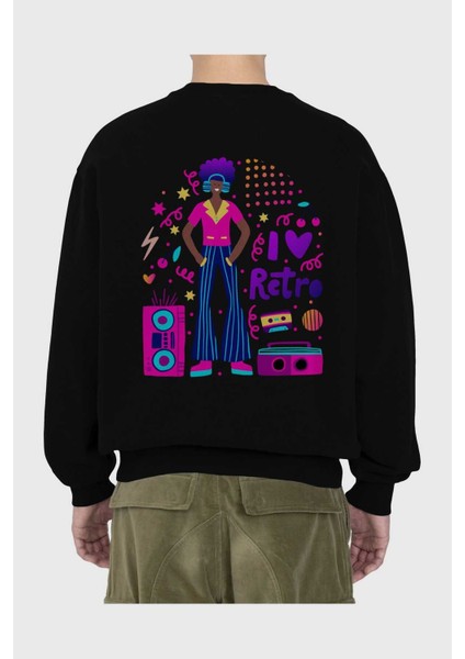 Retro Boy Party Arka Baskılı Siyah Oversize Sweatshirt Erkek Kadın Bisiklet Yaka fiyatları