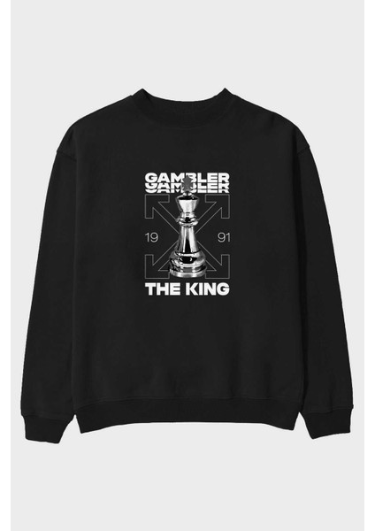Gambler The King Ön Baskılı Siyah Oversize Sweatshirt Erkek Kadın Bisiklet Yaka