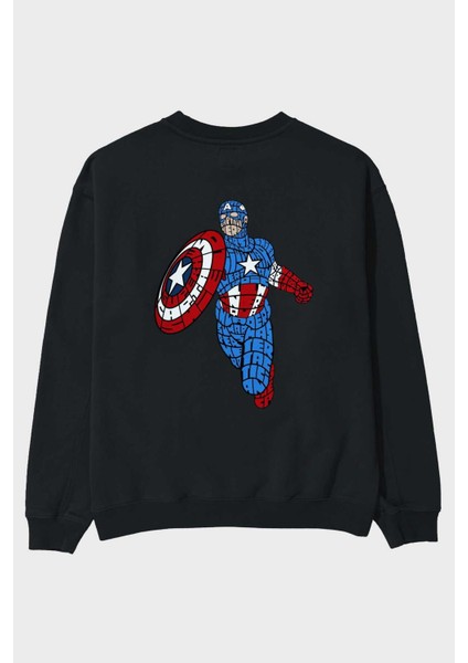 Star And Stripes Hero Arka Baskılı Siyah Oversize Sweatshirt Erkek Kadın Bisiklet Yaka