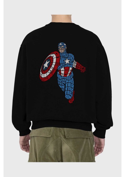 Star And Stripes Hero Arka Baskılı Siyah Oversize Sweatshirt Erkek Kadın Bisiklet Yaka