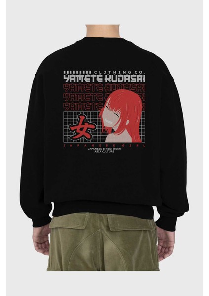 Yamete Kudasai Arka Baskılı Siyah Oversize Sweatshirt Erkek Kadın Bisiklet Yaka fiyatları