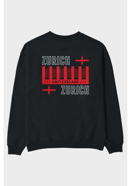 Zurich Arka Baskılı Siyah Oversize Sweatshirt Erkek Kadın Bisiklet Yaka