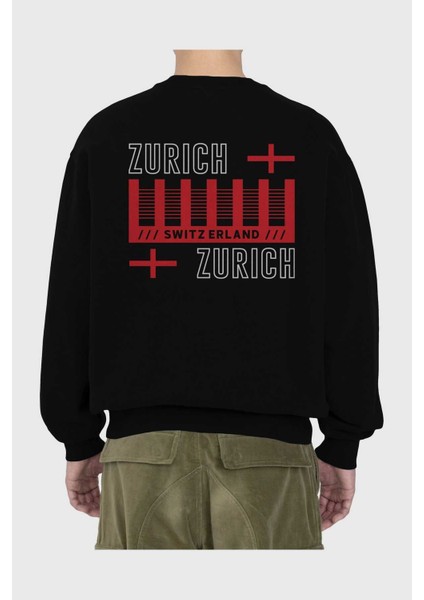 Zurich Arka Baskılı Siyah Oversize Sweatshirt Erkek Kadın Bisiklet Yaka fiyatları