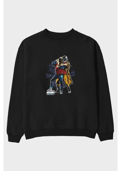 Back To The Beat Ön Baskılı Siyah Oversize Sweatshirt Erkek Kadın Bisiklet Yaka